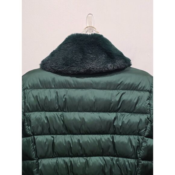 Michael Kors Green Longline Belted Puffer Coat Removable Faux Fur Collar Size M - Picture 12 of 16